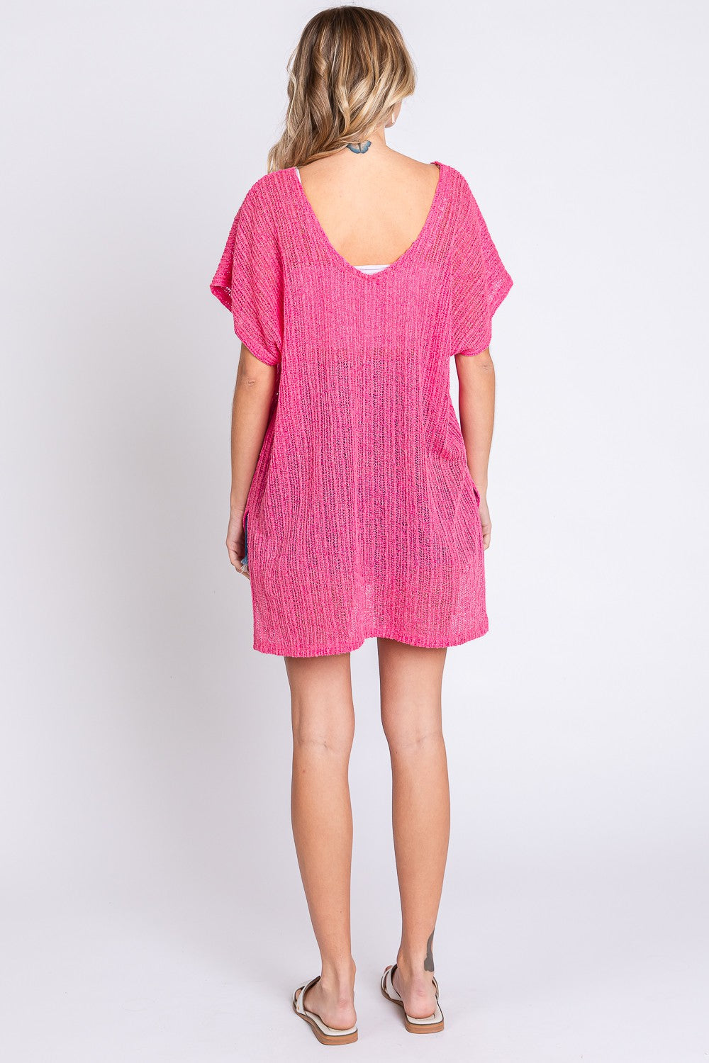 GeeGee Give Me My Hot Pink Short Sleeve Side Slit Knit Cover Up Dress