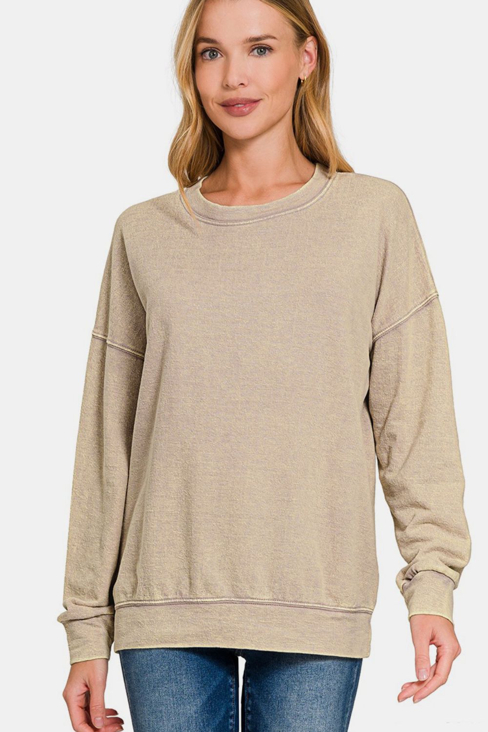 Zenana Laid Back Vibes Washed Dropped Shoulder Sweatshirt in Khaki