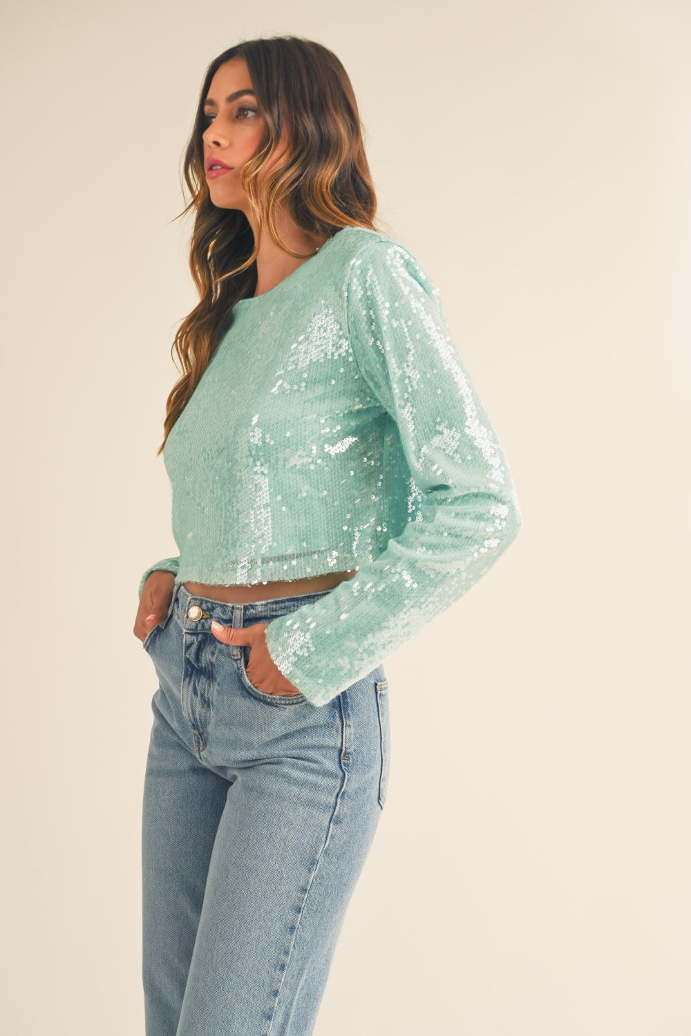 MABLE Bringing The Glitz Shoulder Padded Sequin Crop Top in Mint