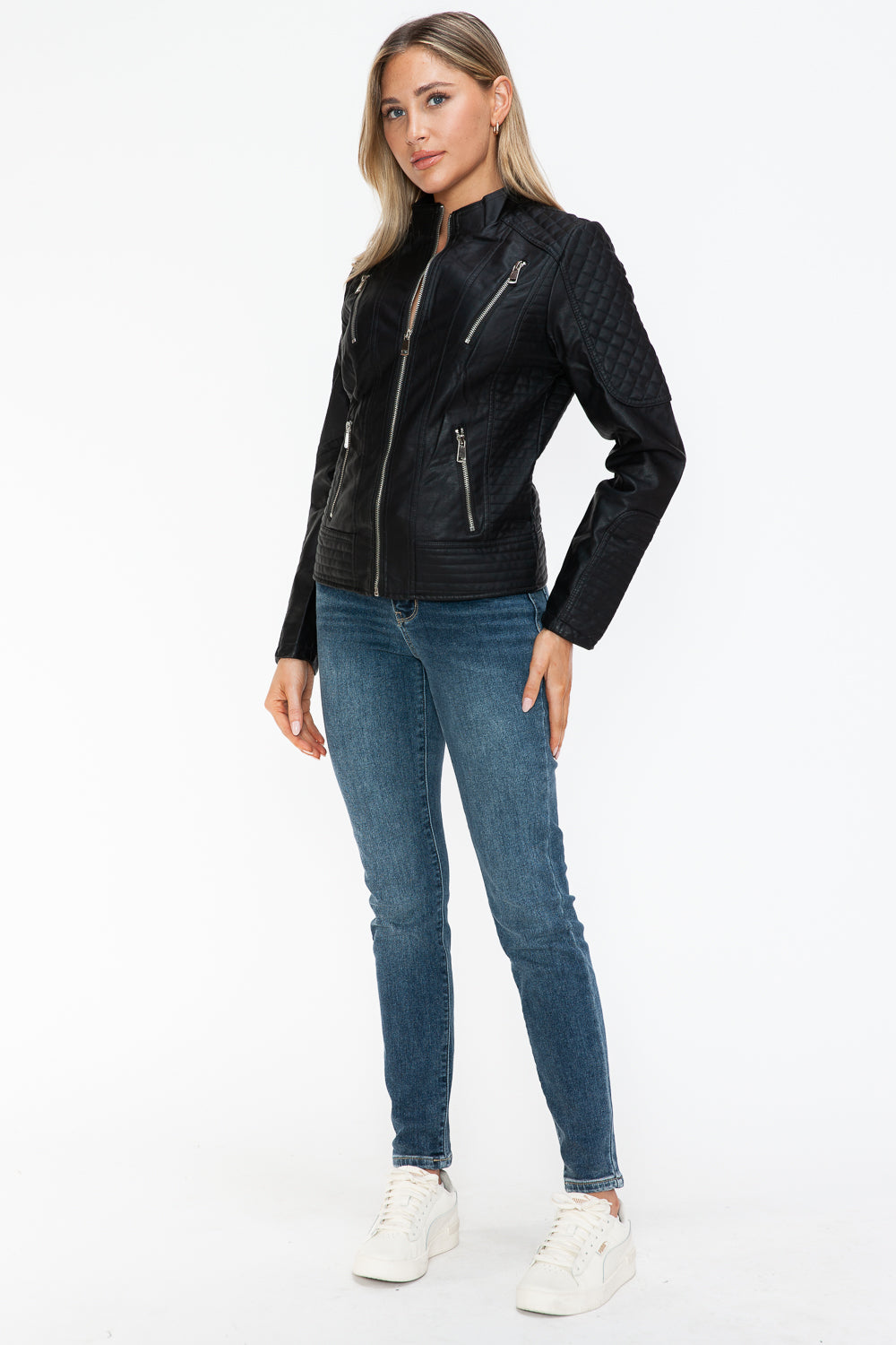 Snobbish Ready To Own The Night Faux Leather Zip Up Mock Neck Jacket in Black