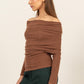 HYFVE Turn The Heat Up Fuzzy Off Shoulder Textured Knit Top in Brown