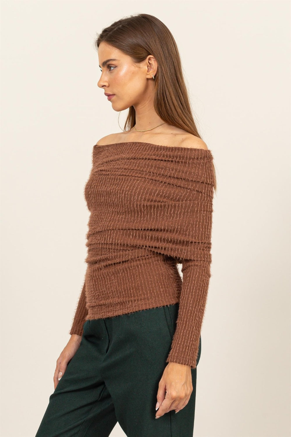 HYFVE Turn The Heat Up Fuzzy Off Shoulder Textured Knit Top in Brown