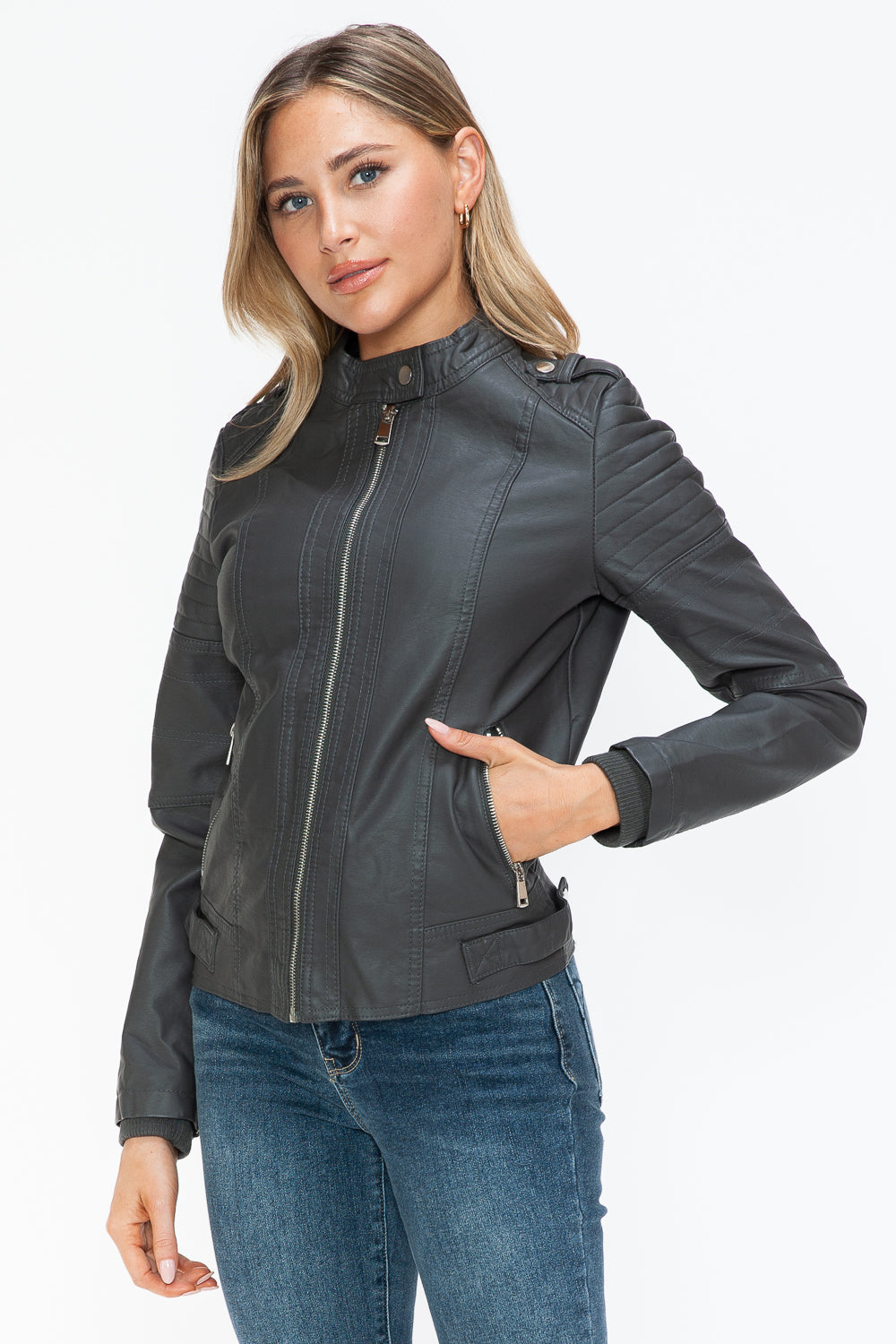 Snobbish Born To Ride PU Leather Biker Jacket with Side Zip Pockets in Charcoal