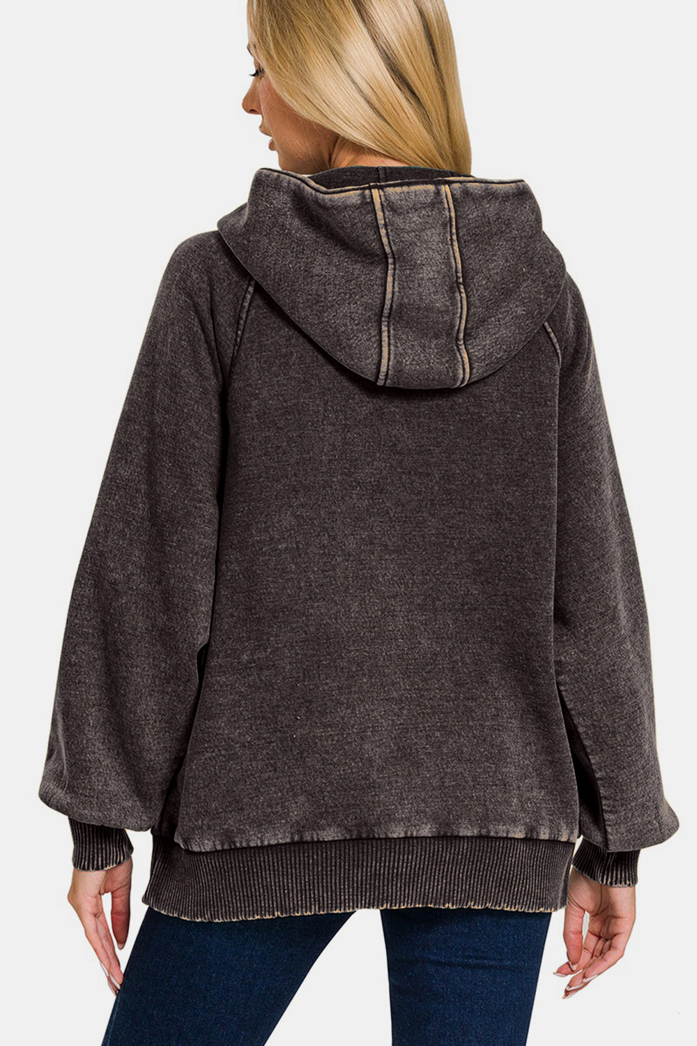 Zenana Easy Thinking Acid Wash Fleece Kangaroo Pocket Hoodie in Ash Black