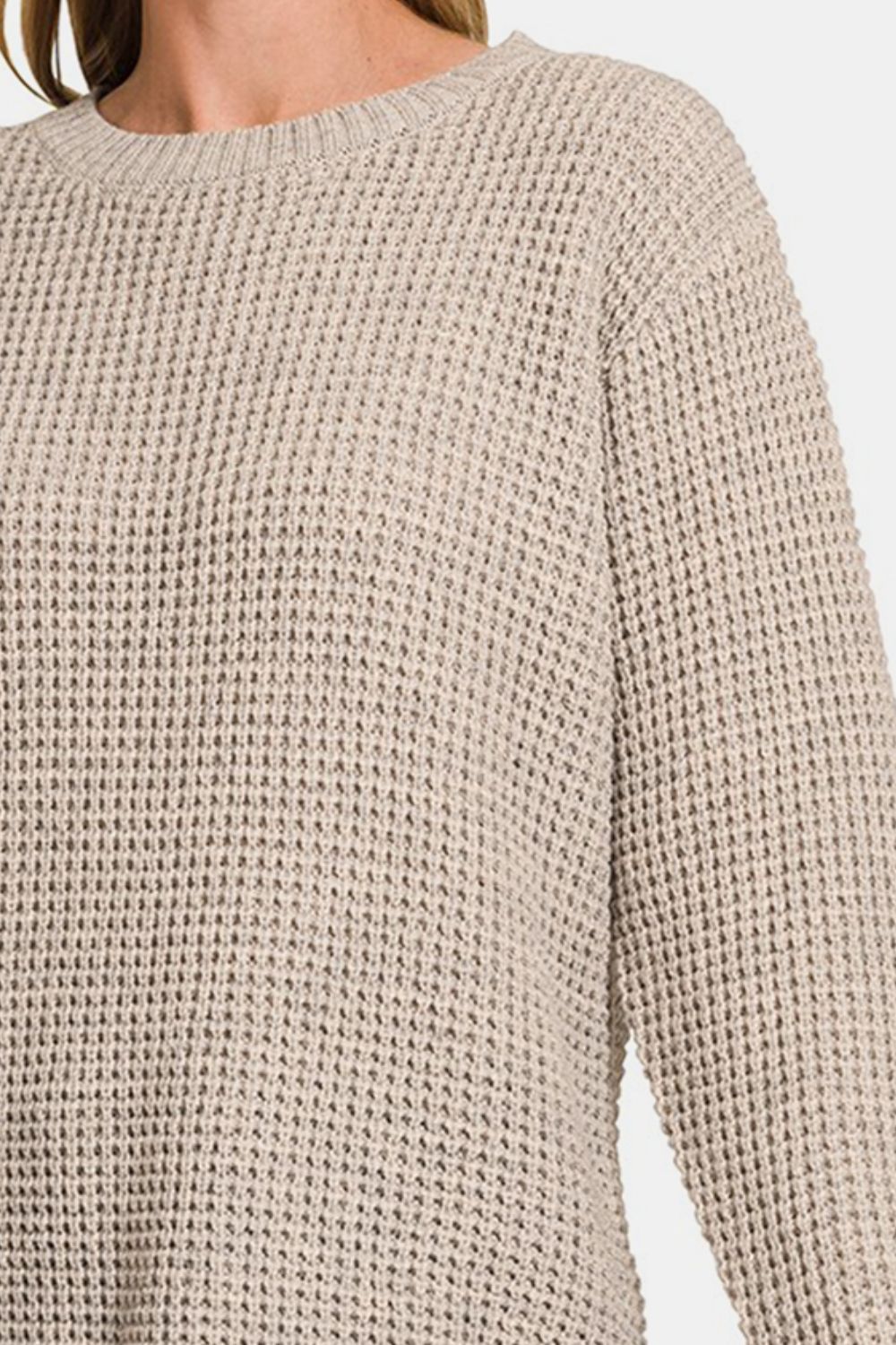 Zenana The World Is My Canvas High Low Long Sleeve Waffle Sweater in H Mocha