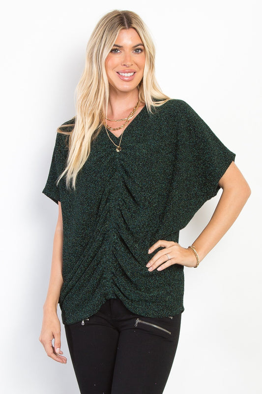 Be Stage Knit and Shimmer Lurex Center Elastic Cinched Knit Top in Hunter Green