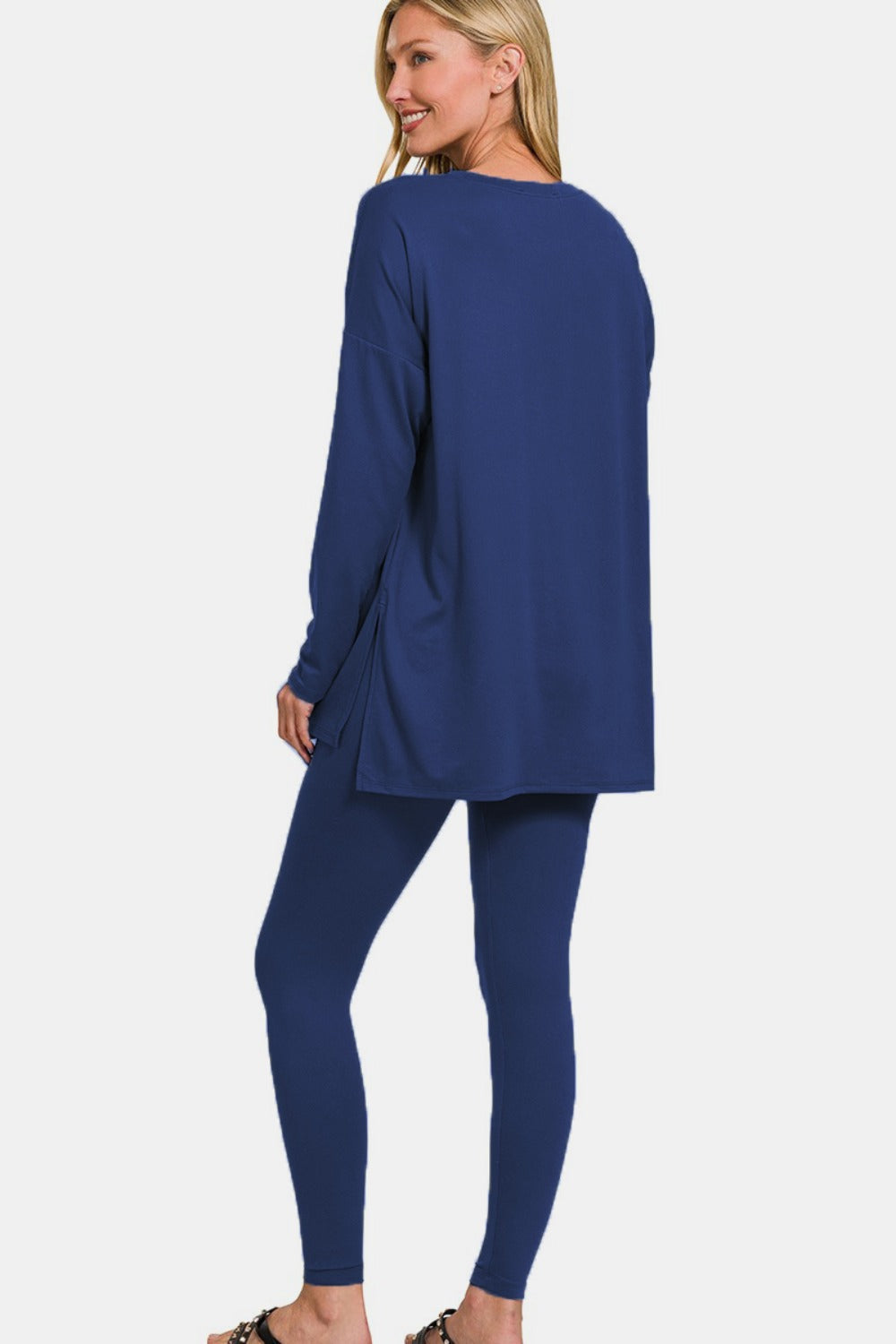 Zenana Lazy Days Brushed Microfiber Top and Leggings Lounge Set in Light Navy