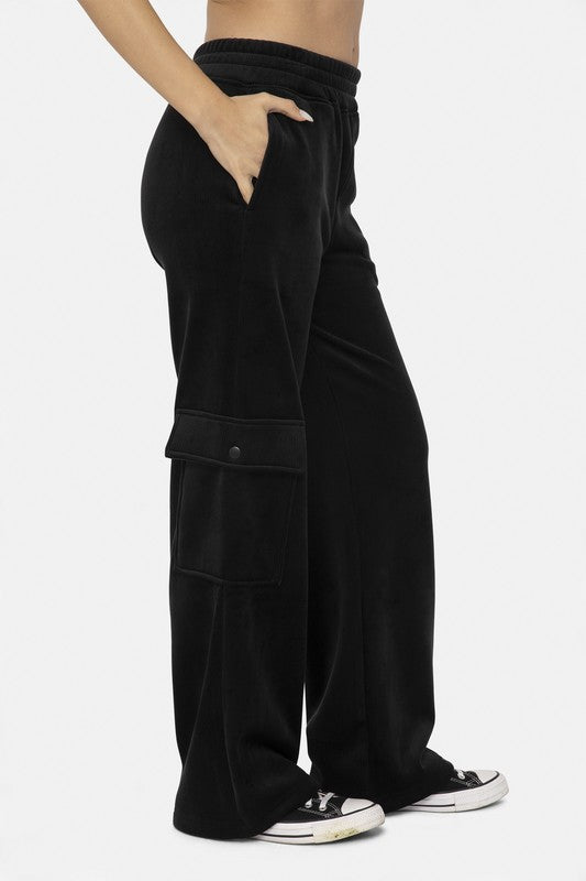 Mono B Leap Of Faith Elastic Waist Corduroy Cargo Pants in Black