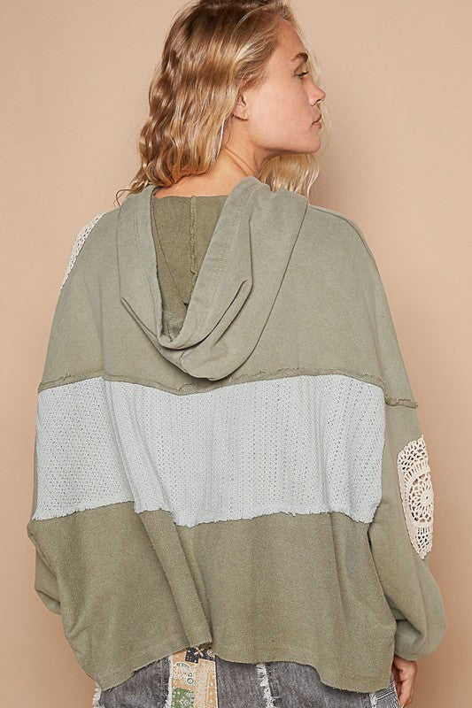 POL Breathe Easy Openwork Contrast Dropped Shoulder Hoodie Top In Sage