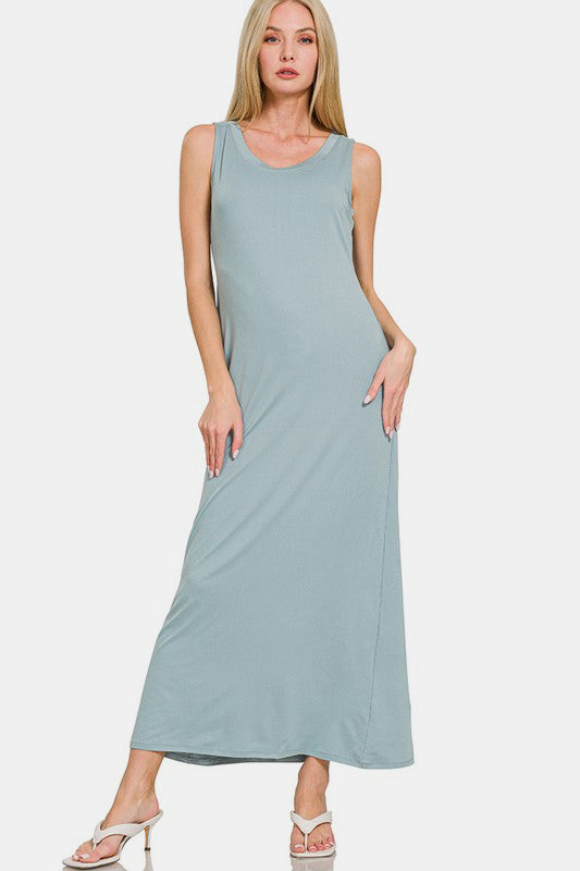 Zenana Simply Slaying Scoop Neck Wide Strap Tank Dress in Air Force Blue