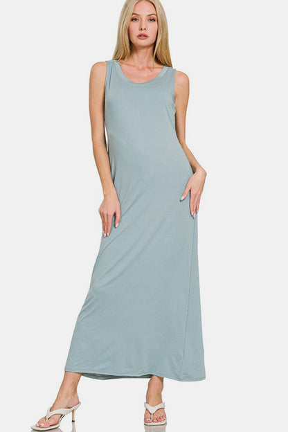 Zenana Simply Slaying Scoop Neck Wide Strap Tank Dress in Air Force Blue