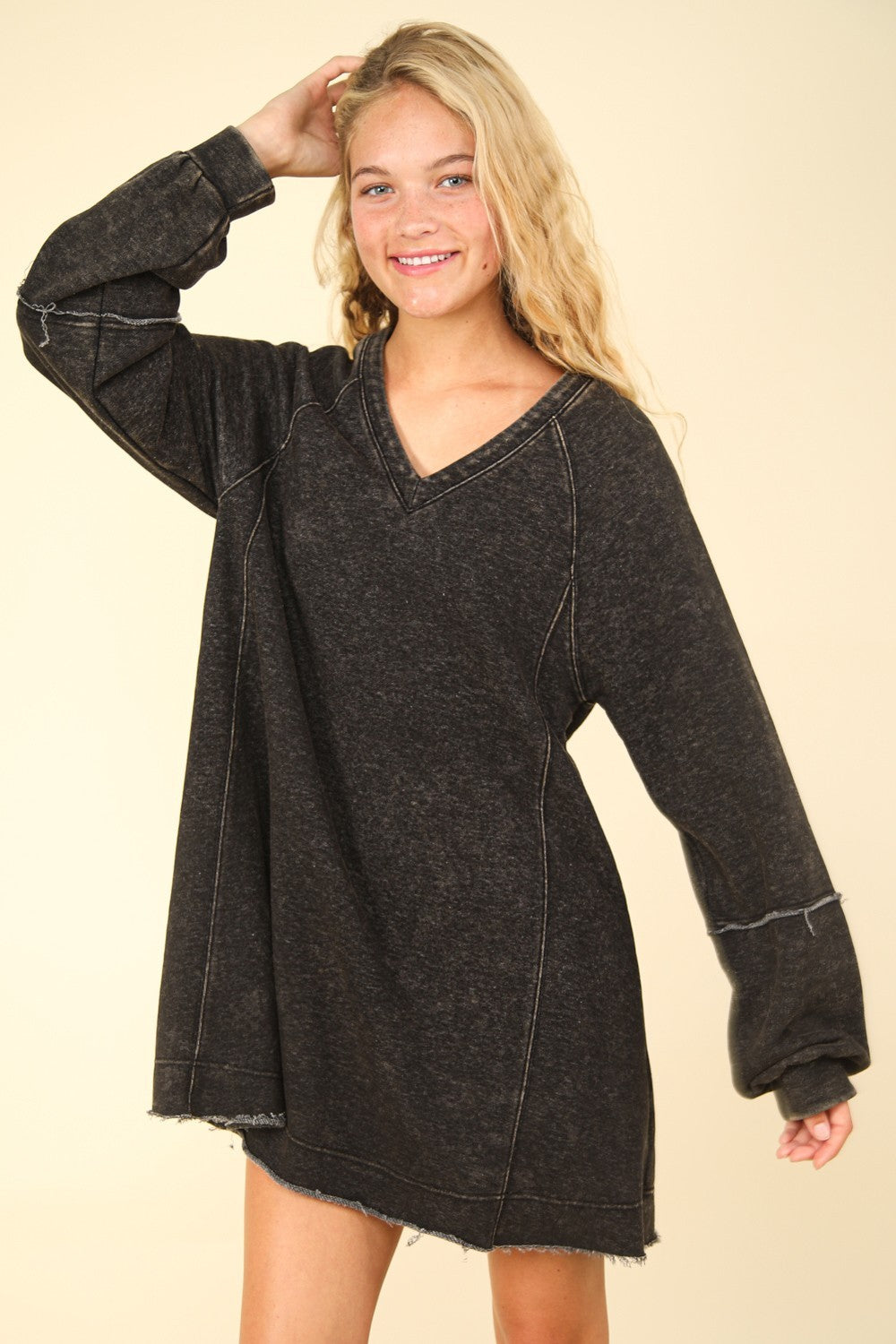 VERY J Oversized Memories Mineral Washed Oversized A-Line Mini Dress in Black