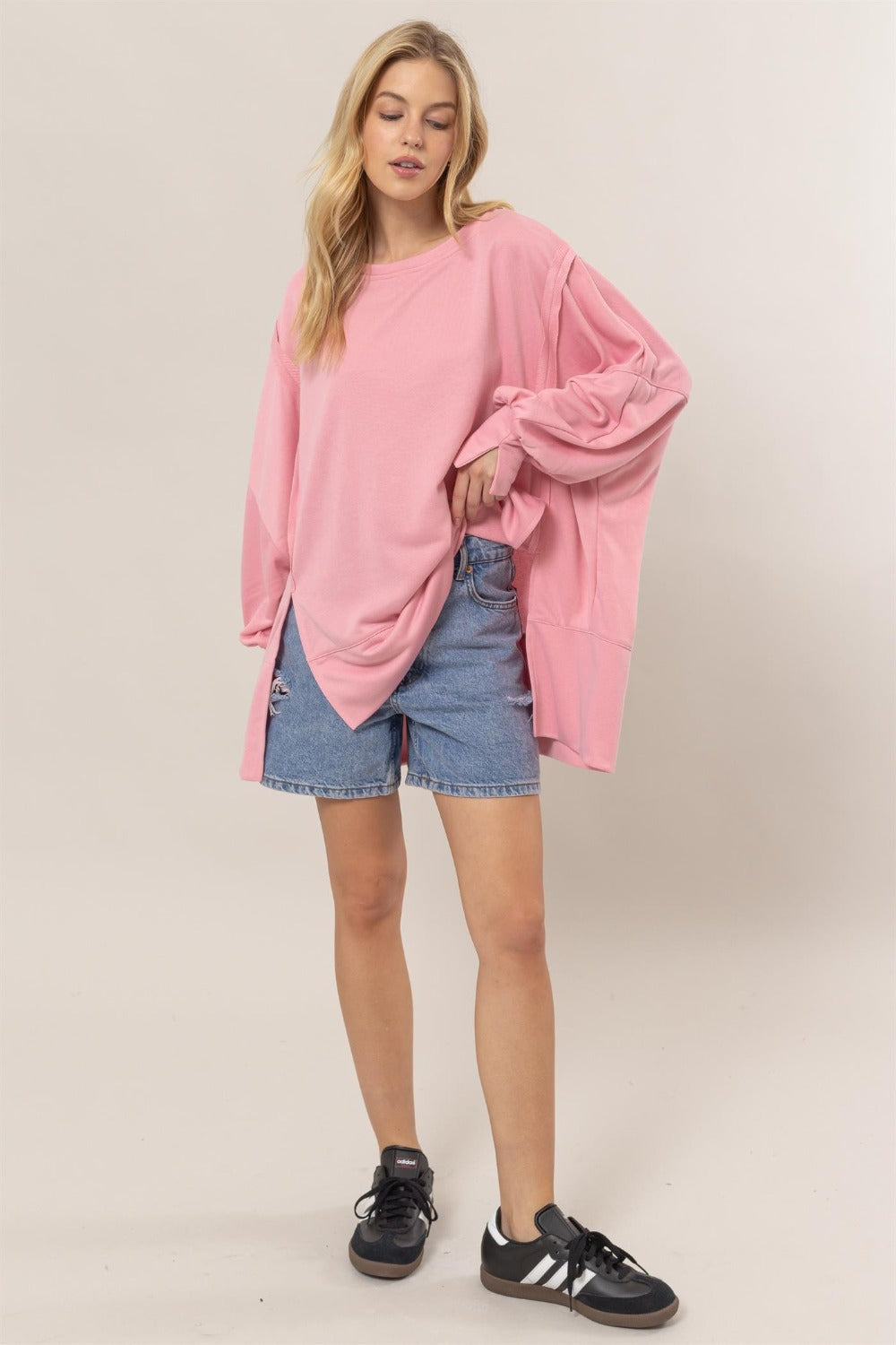 HYFVE Pink Cuddles French Terry Long Sleeve High-Low Slit Sweatshirt