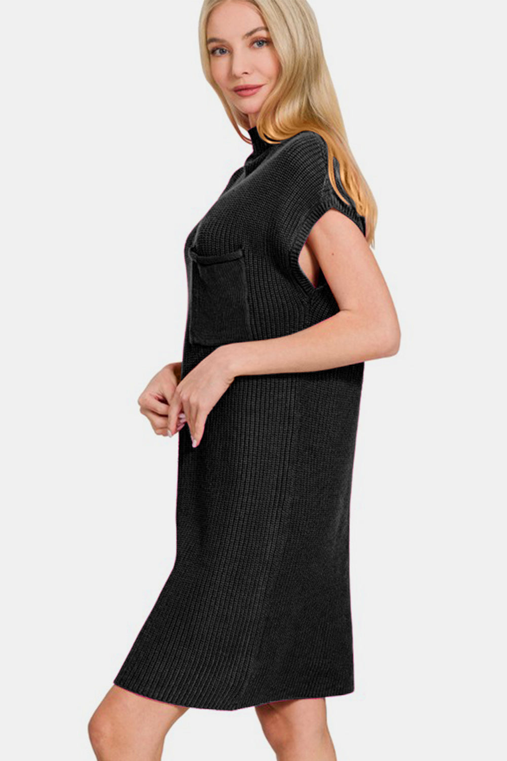 Zenana Spring Chill In The Air Mock Neck Short Sleeve Sweater Dress in Black