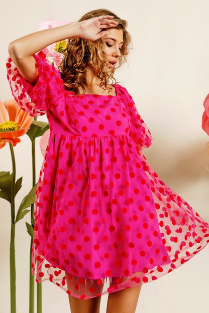 BiBi Who You Are Polka Dot Mesh Puff Sleeve Dress