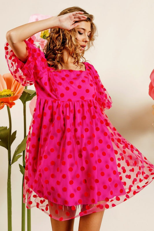 BiBi Who You Are Polka Dot Mesh Puff Sleeve Dress