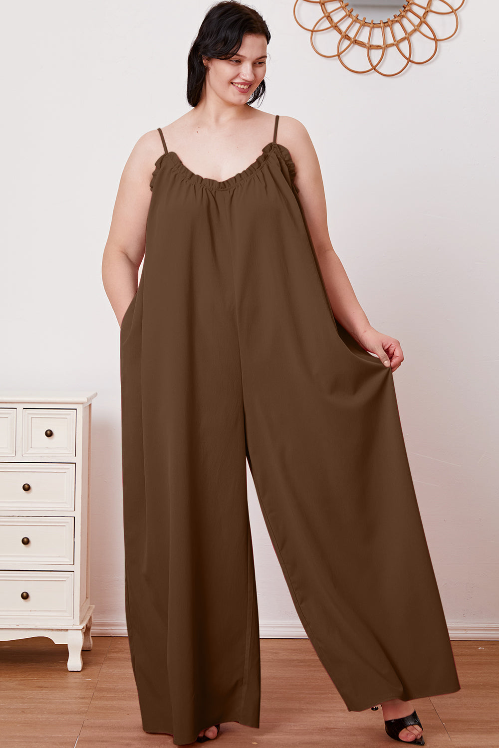 Double Take My Favorite Ruffle Trim Tie Back Cami Jumpsuit with Pockets