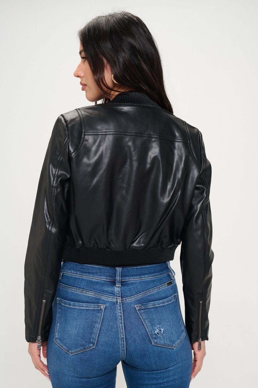Coalition LA My Go To Bomber Zip Up Cropped Bomber Jacket in Black