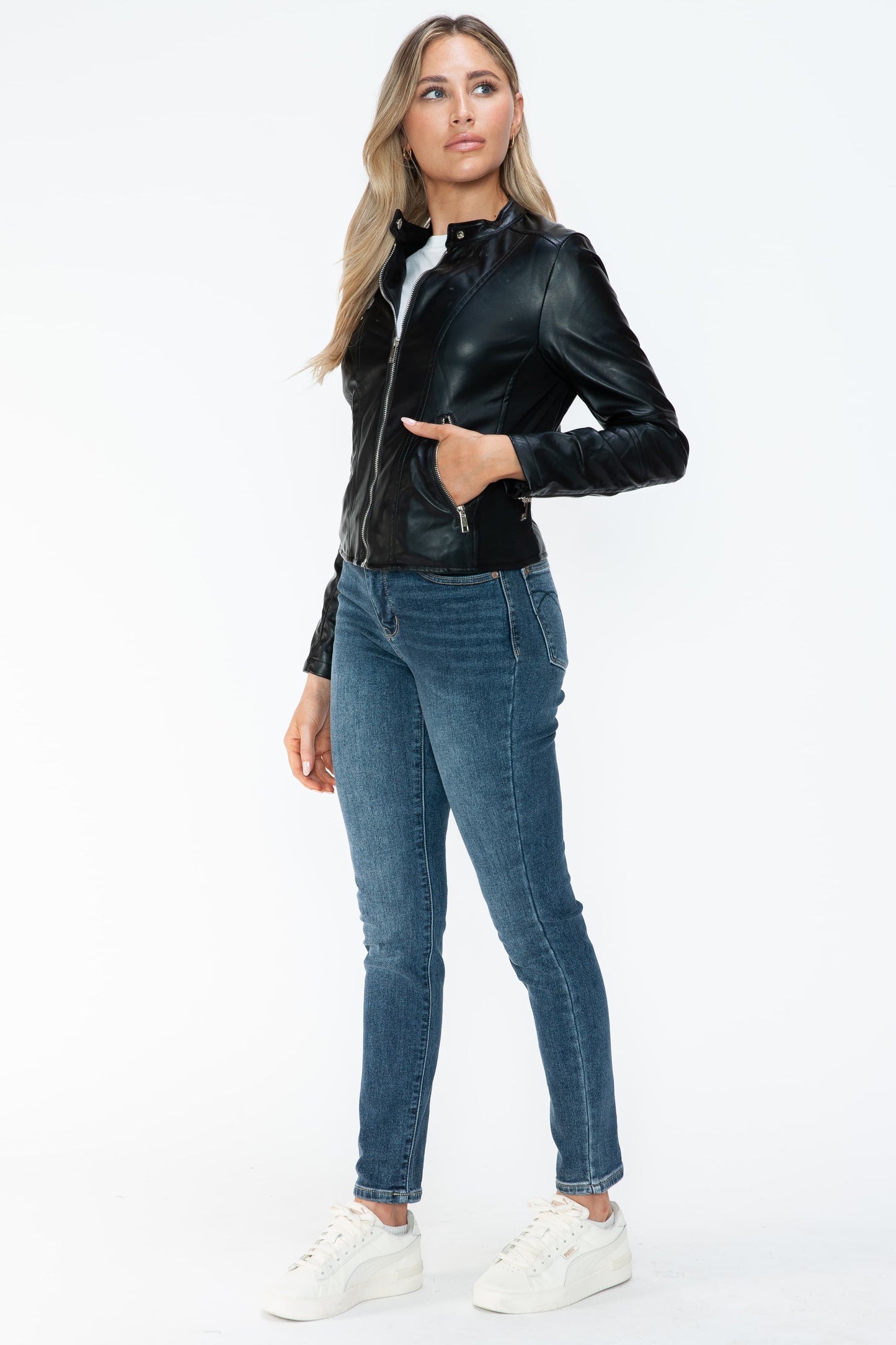 Snobbish Biker Babe PU Leather Zip Up Jacket with Pockets in Black