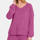 Zenana Collecting Moments V-Neck Long Sleeve Ribbed Top and Shorts Set in Red-Violet