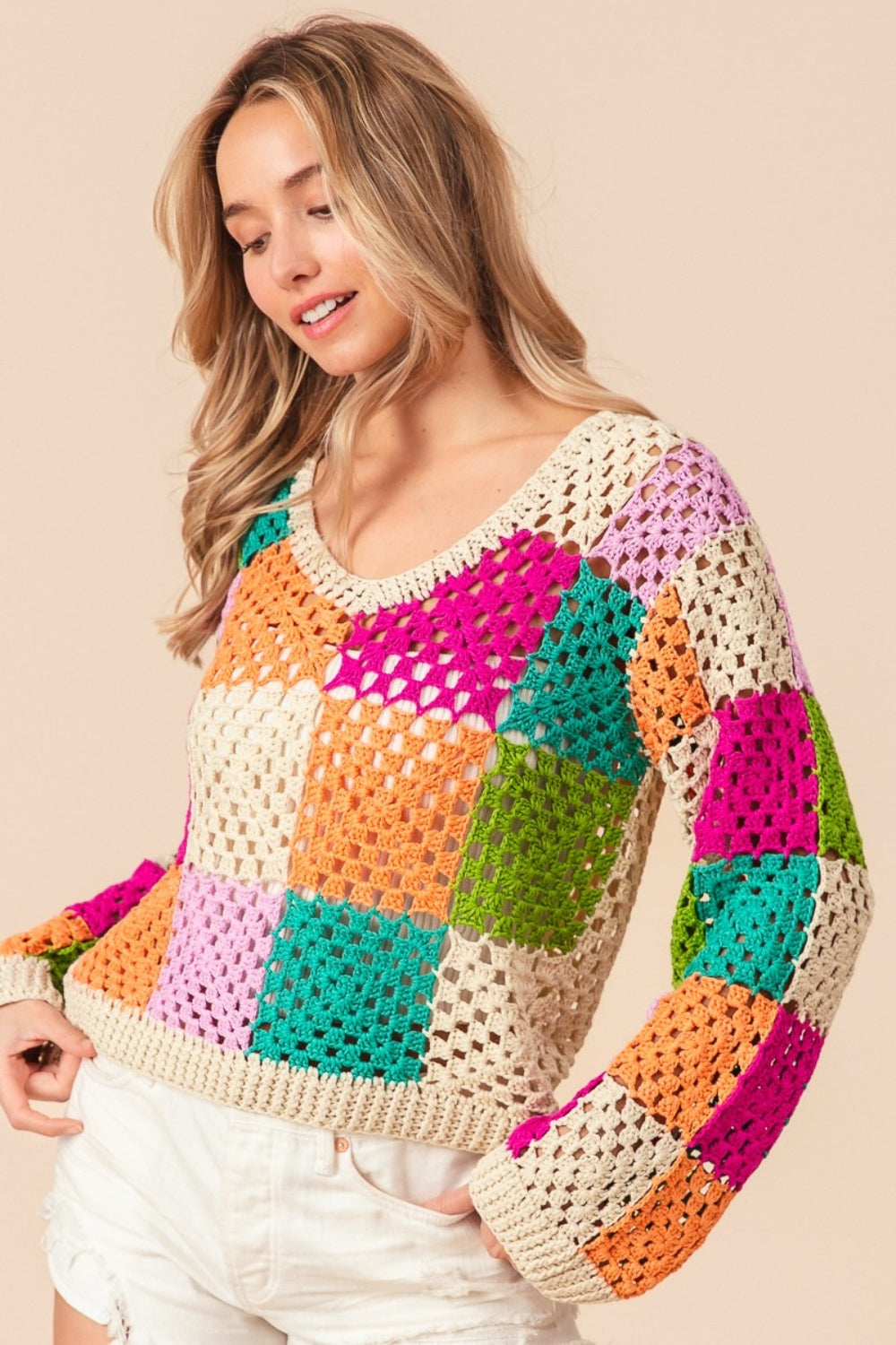 BiBi A World Of Color Multi Color Checkered Long Sleeve Knit Top