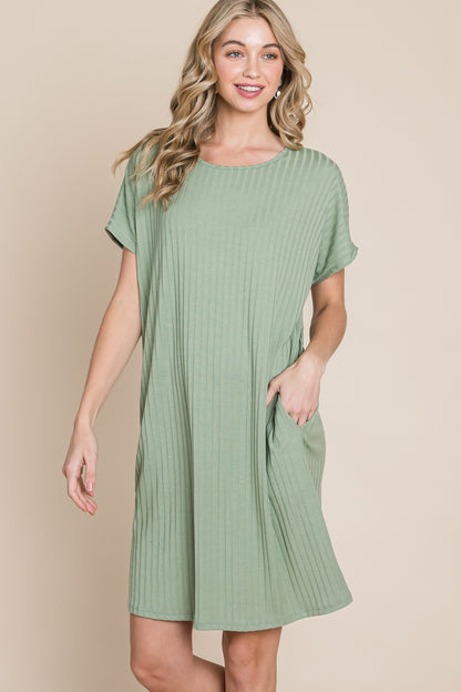 BOMBOM Breezy Day Ribbed Short Sleeve Dress with Pockets