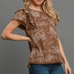 Umgee Nature Vibes Ruffled Landscape Print Short Sleeve French Terry Top in Brown