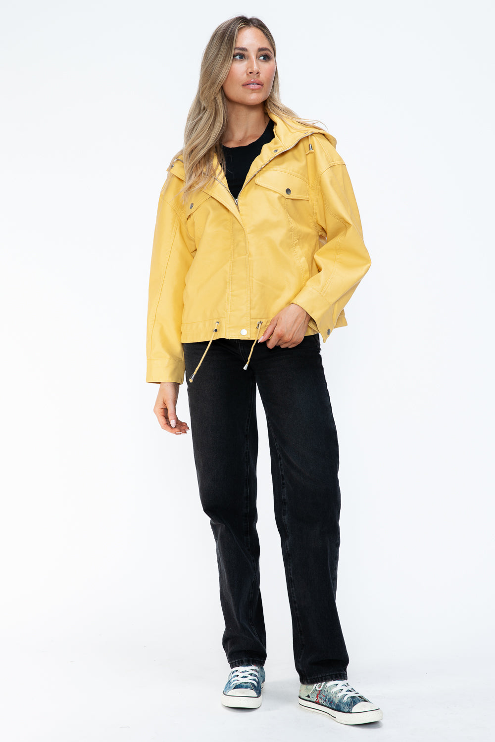 How Dare U My Favorite Layer Drawstring Hem PU Leather Zip Up Jacket in Pale Yellow