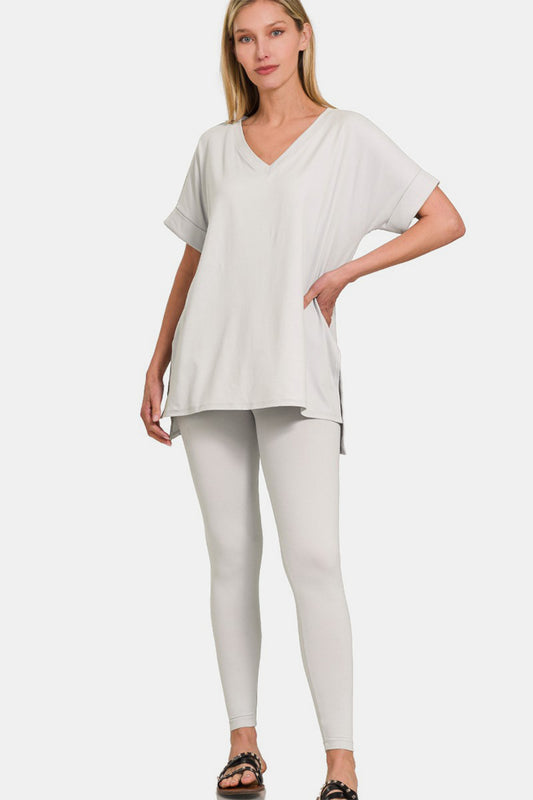 Zenana Mix It Up V-Neck Rolled Short Sleeve T-Shirt and Leggings Lounge Set in Light Cement