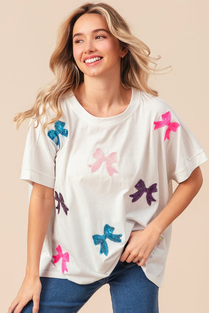 BiBi Ribbons And Bows Sequin Bow Patch Short Sleeve T-Shirt in Off White