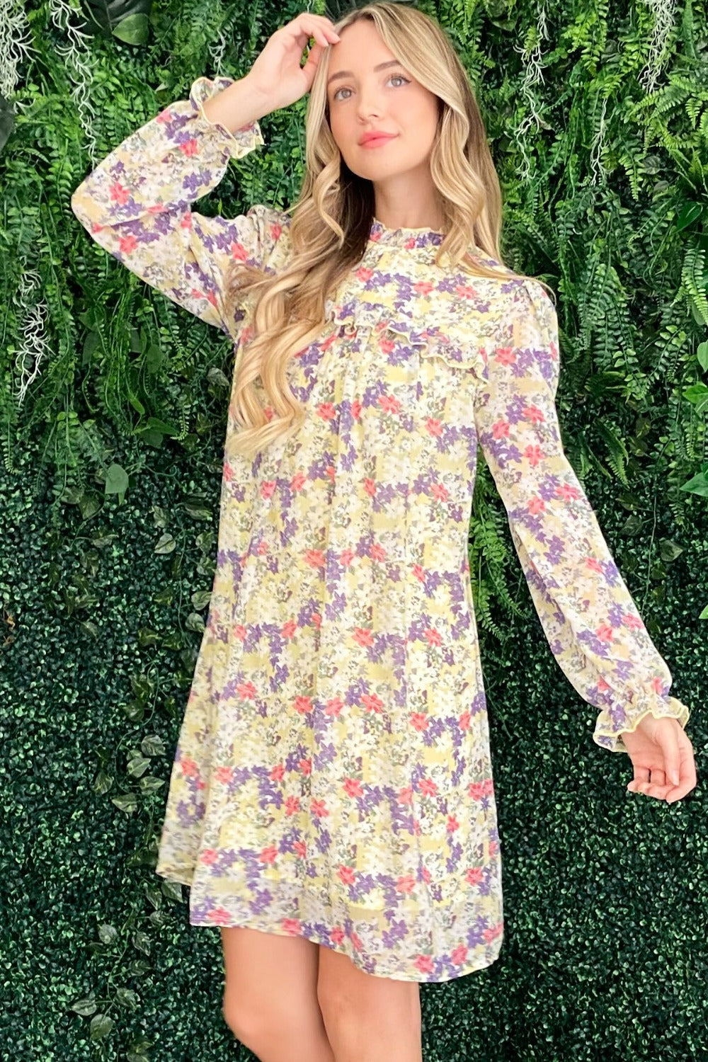 And The Why Endless Summer Floral Mock Neck Flounce Sleeve Dress