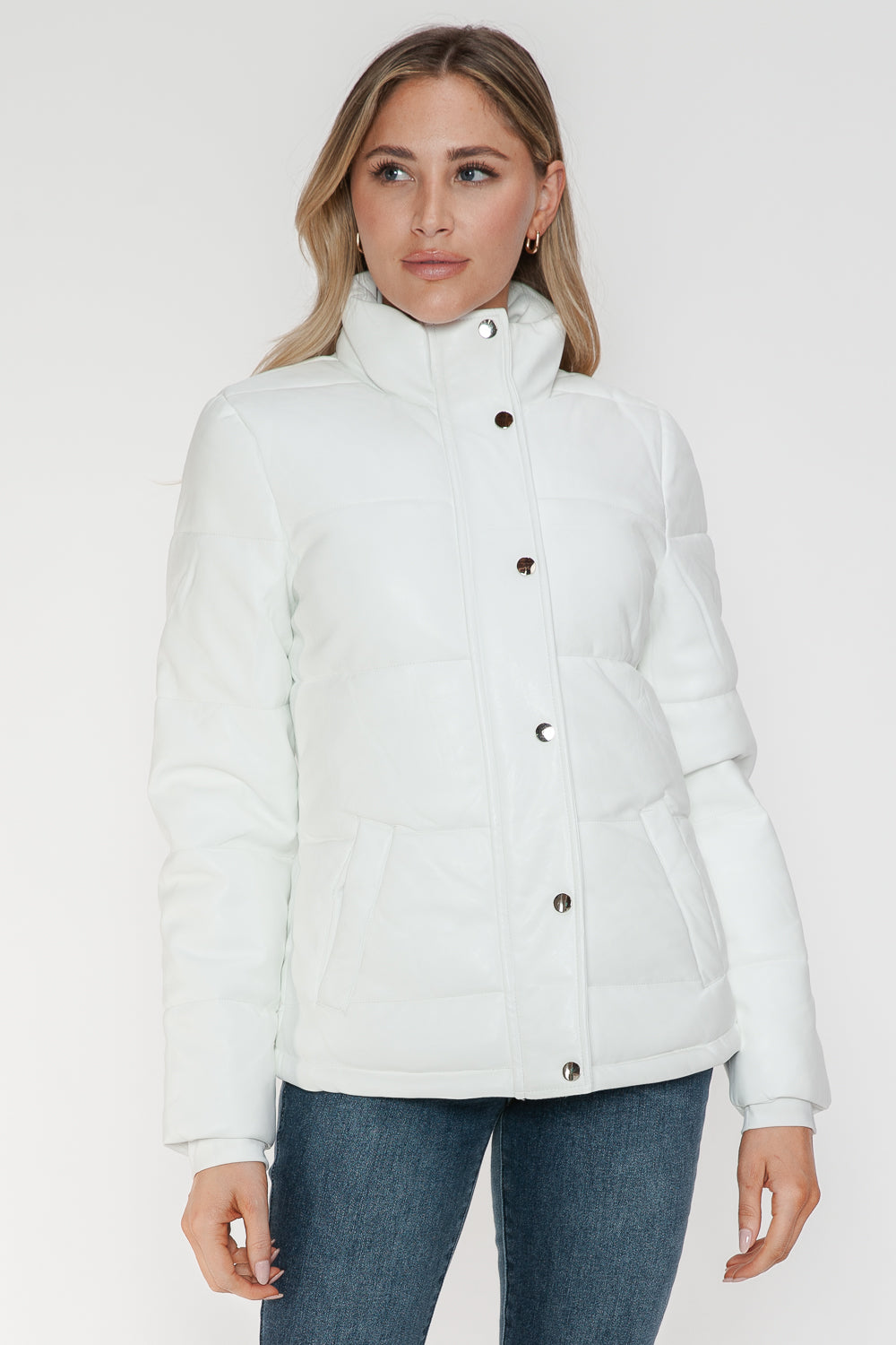 YMI Cozy Perfection Pocketed Zip Up Turtleneck Puffer Jacket in White