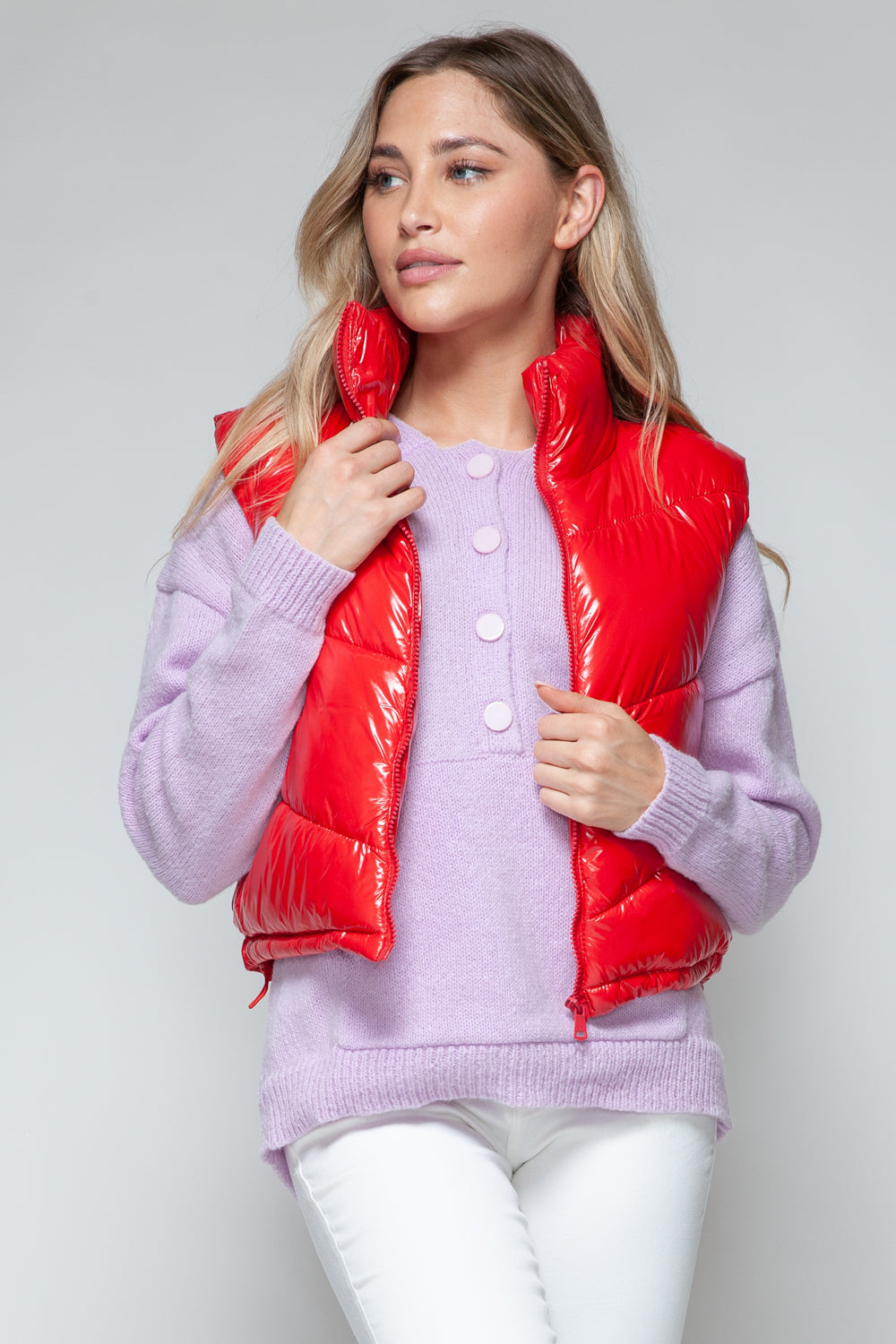 Snobbish A Quilted Touch Zip Up Turtleneck Shiny Quilted Vest in Red