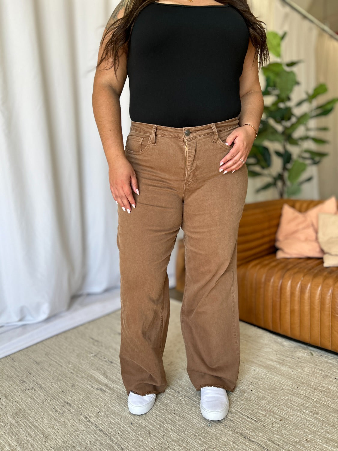 RFM Dawn High Rise Garment Dye Wide Leg Jeans in Coffee