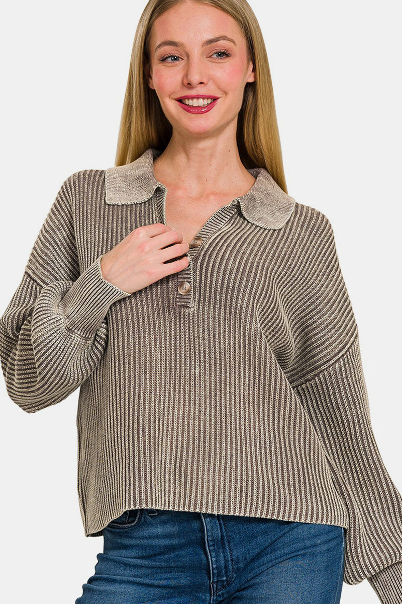 Zenana No Fade Washed Half Button Long Sleeve Sweater in Mocha