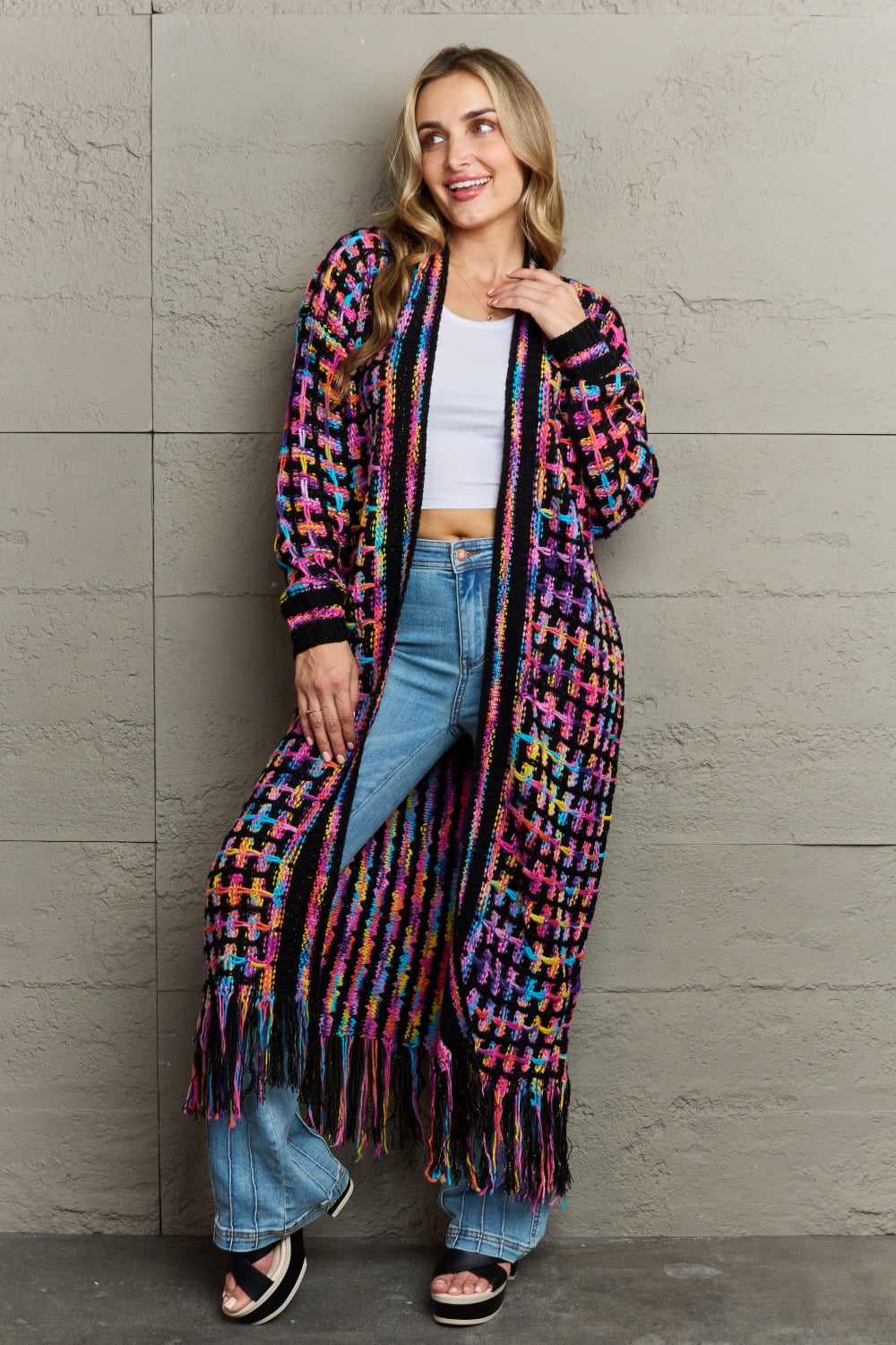 Angel Wings My Shaded Sunshine Multicolored Open Front Fringe Hem Cardigan