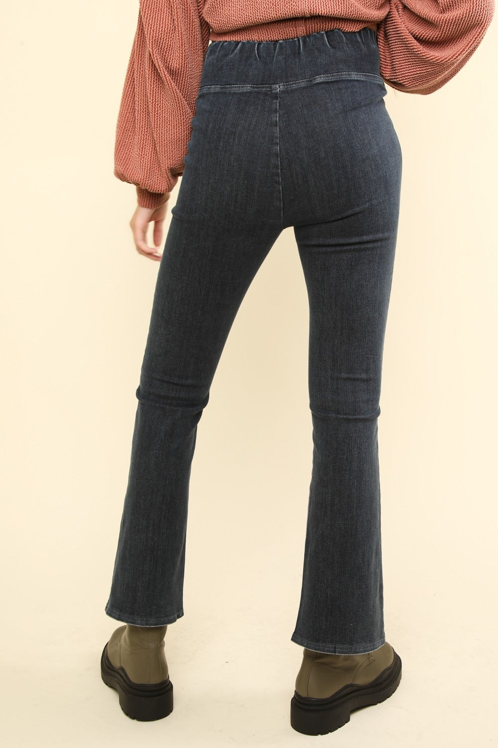 VERY J I'm Going For Both Washed Denim Stretchy Crossover Waist Leggings in Black