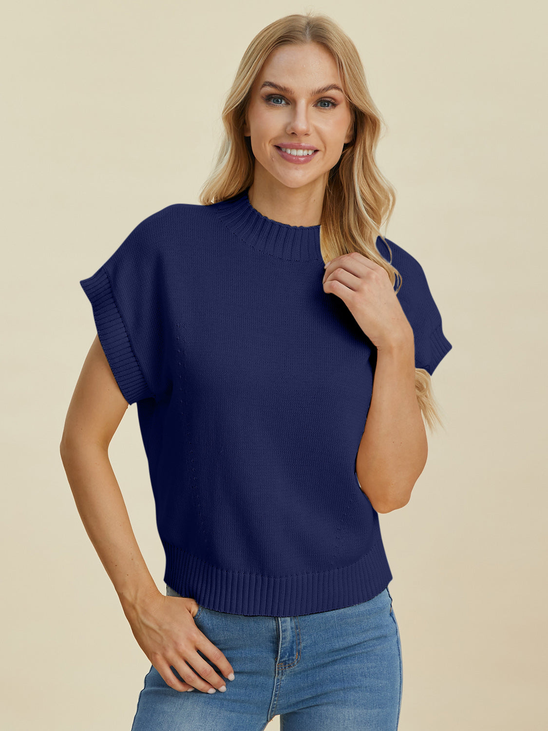 Double Take Lovely Day Mock Neck Short Sleeve Sweater