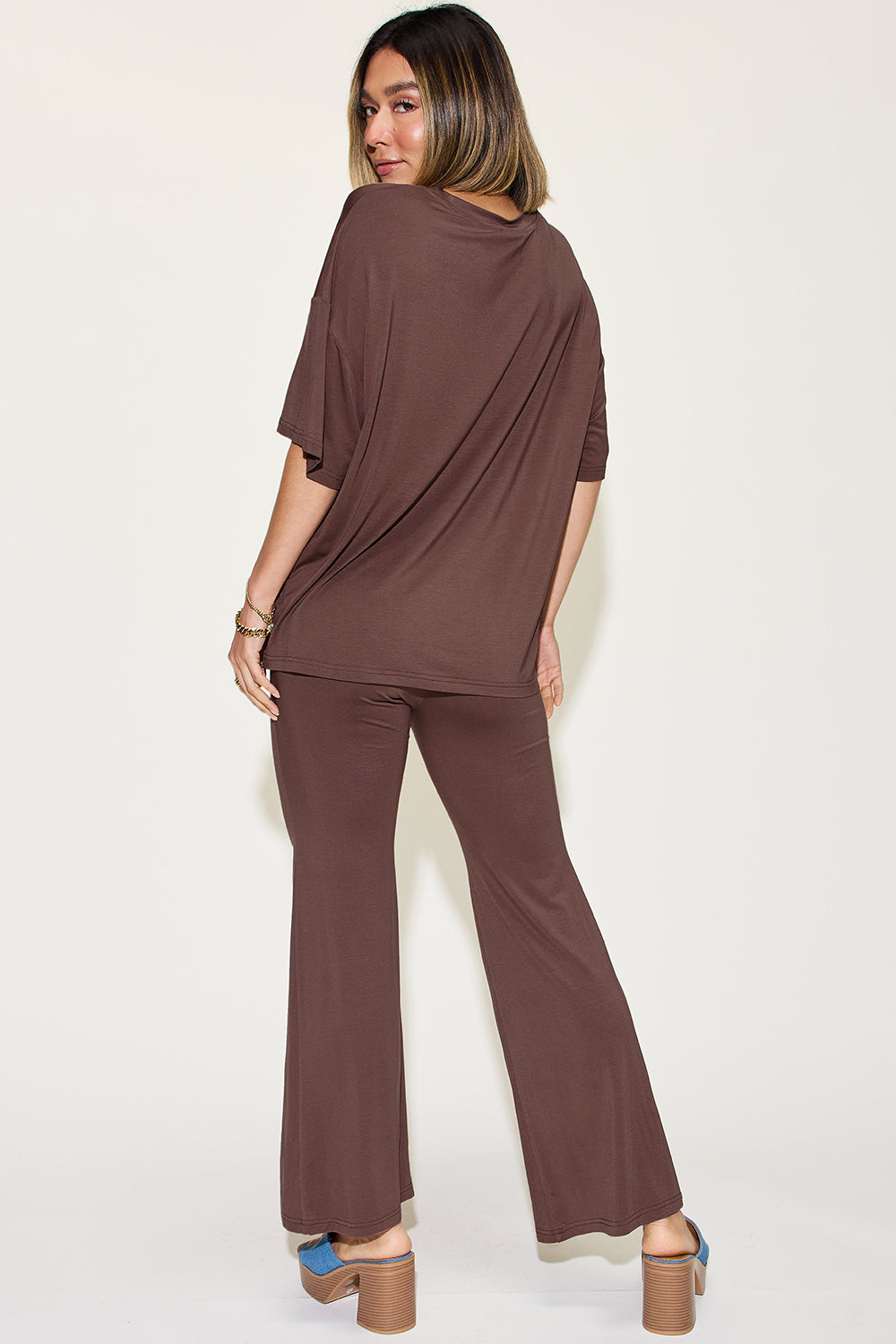 Basic Bae Reflect Bamboo Drop Shoulder T-Shirt and Flare Pants Set