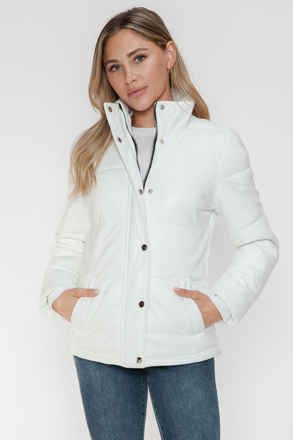 YMI Cozy Perfection Pocketed Zip Up Turtleneck Puffer Jacket in White