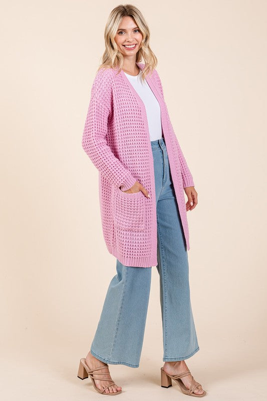 Mittoshop Cozy Hug Open Front Long Sleeve Longline Cardigan in Pink