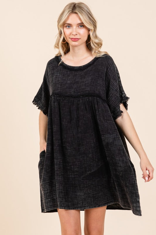 Culture Code Relaxed Babydoll Short Sleeve Babydoll Texture Dress with Pockets in Black