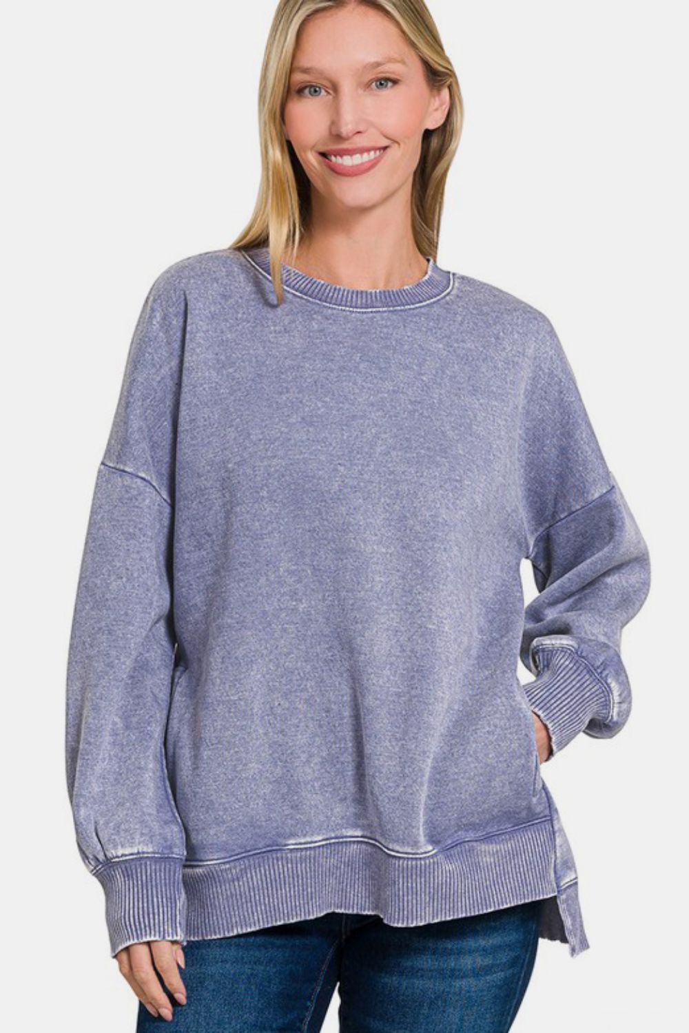 Zenana Endless Vibes High-Low Acid Wash Fleece Sweatshirt in Mauve