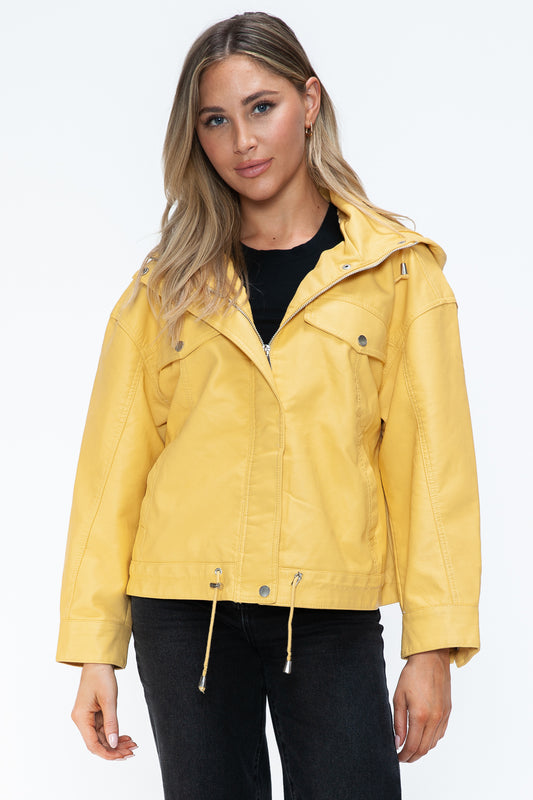 How Dare U My Favorite Layer Drawstring Hem PU Leather Zip Up Jacket in Pale Yellow