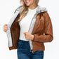 YMI Fuzzy Feels Faux Layered Double-Zipper Jacket with Fuzzy Hood in Camel