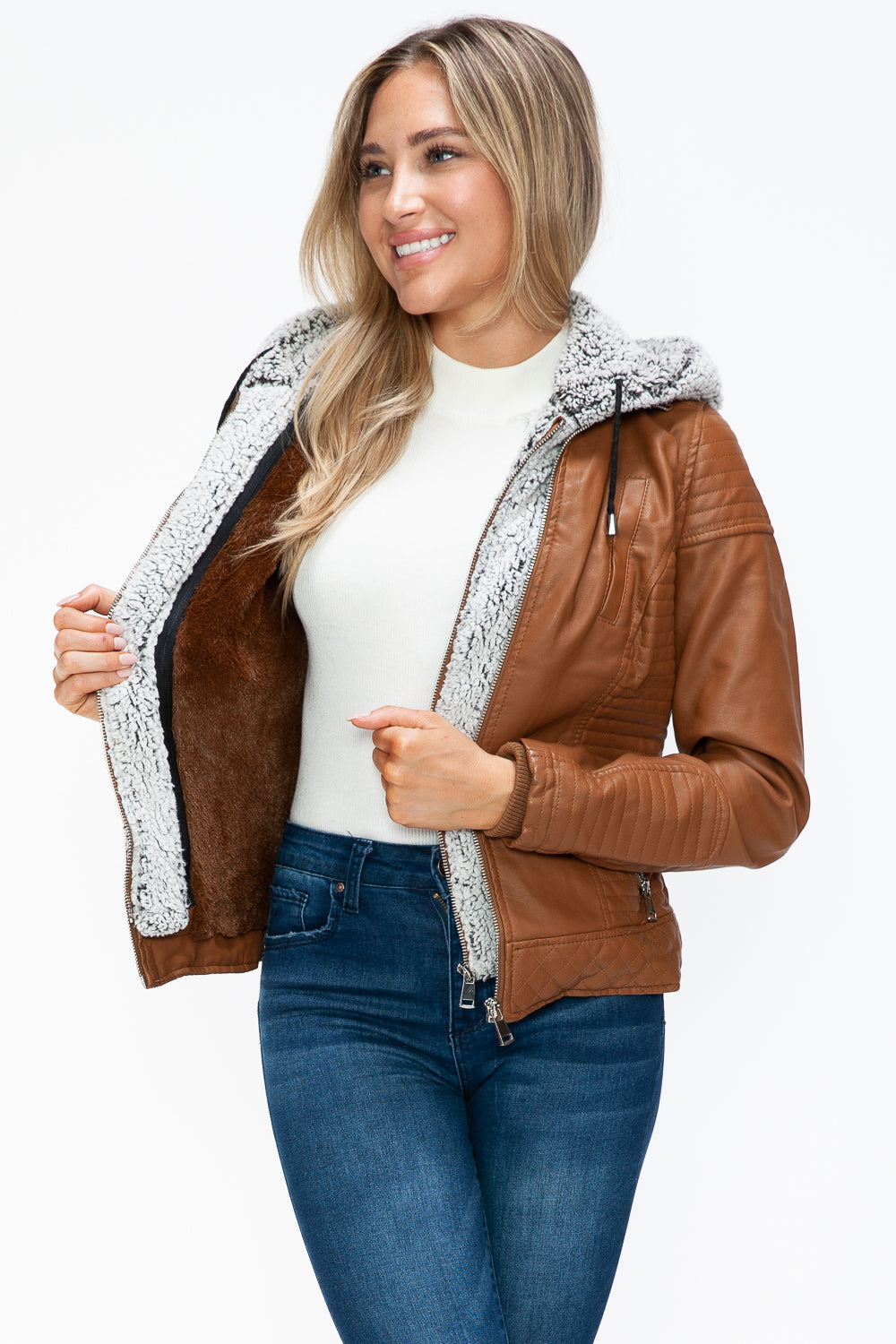 YMI Fuzzy Feels Faux Layered Double-Zipper Jacket with Fuzzy Hood in Camel