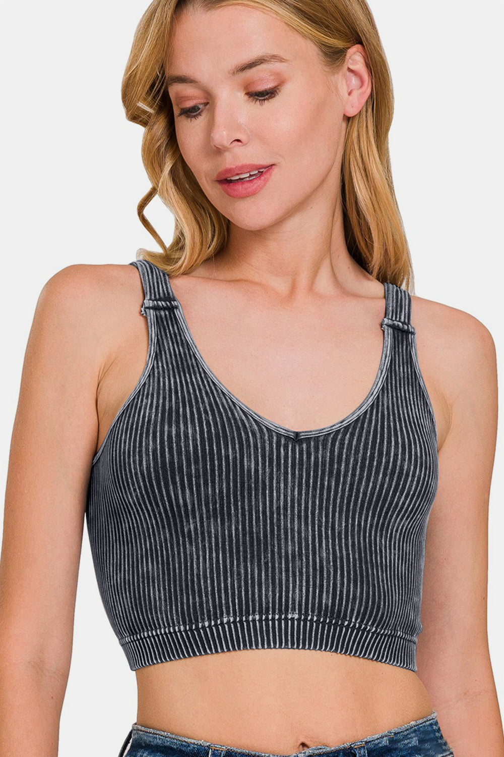 Zenana The Right Track Washed Ribbed Cropped V-Neck Tank in Ash Black