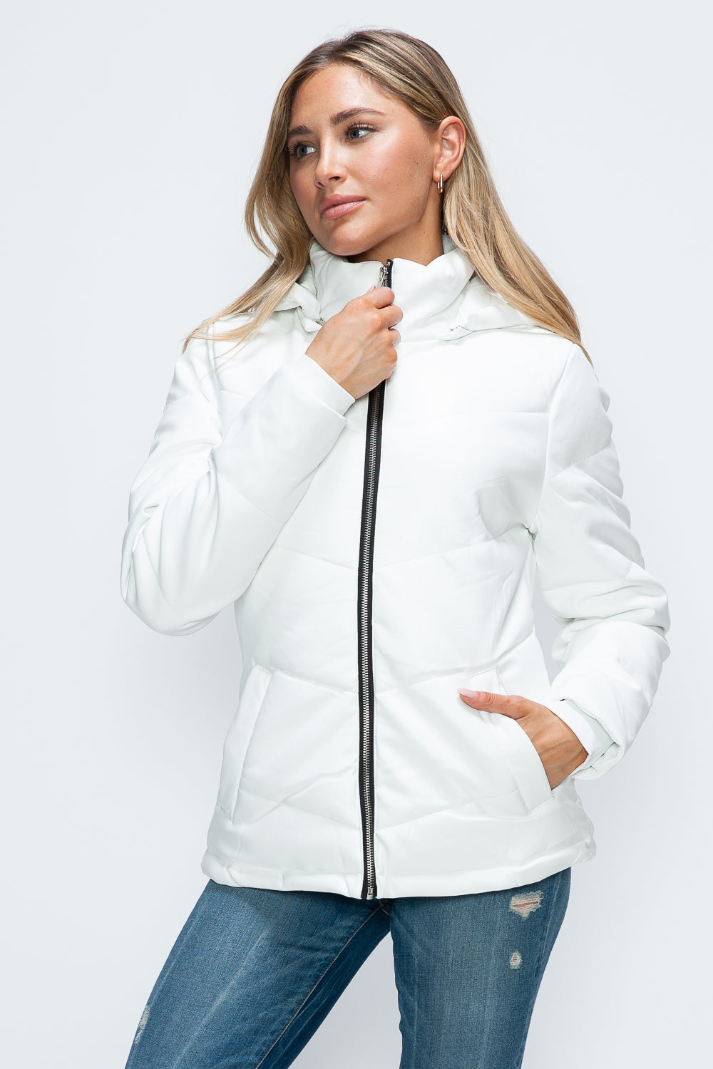 How Dare U Embrace The Chill Pocketed Zip Up Puffer Jacket with Removable Hood in White