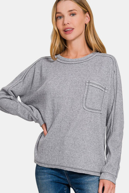 Zenana Cozy Unfiltered Contrast Stitching Brushed Ribbed Hacci Knit Top in Gray