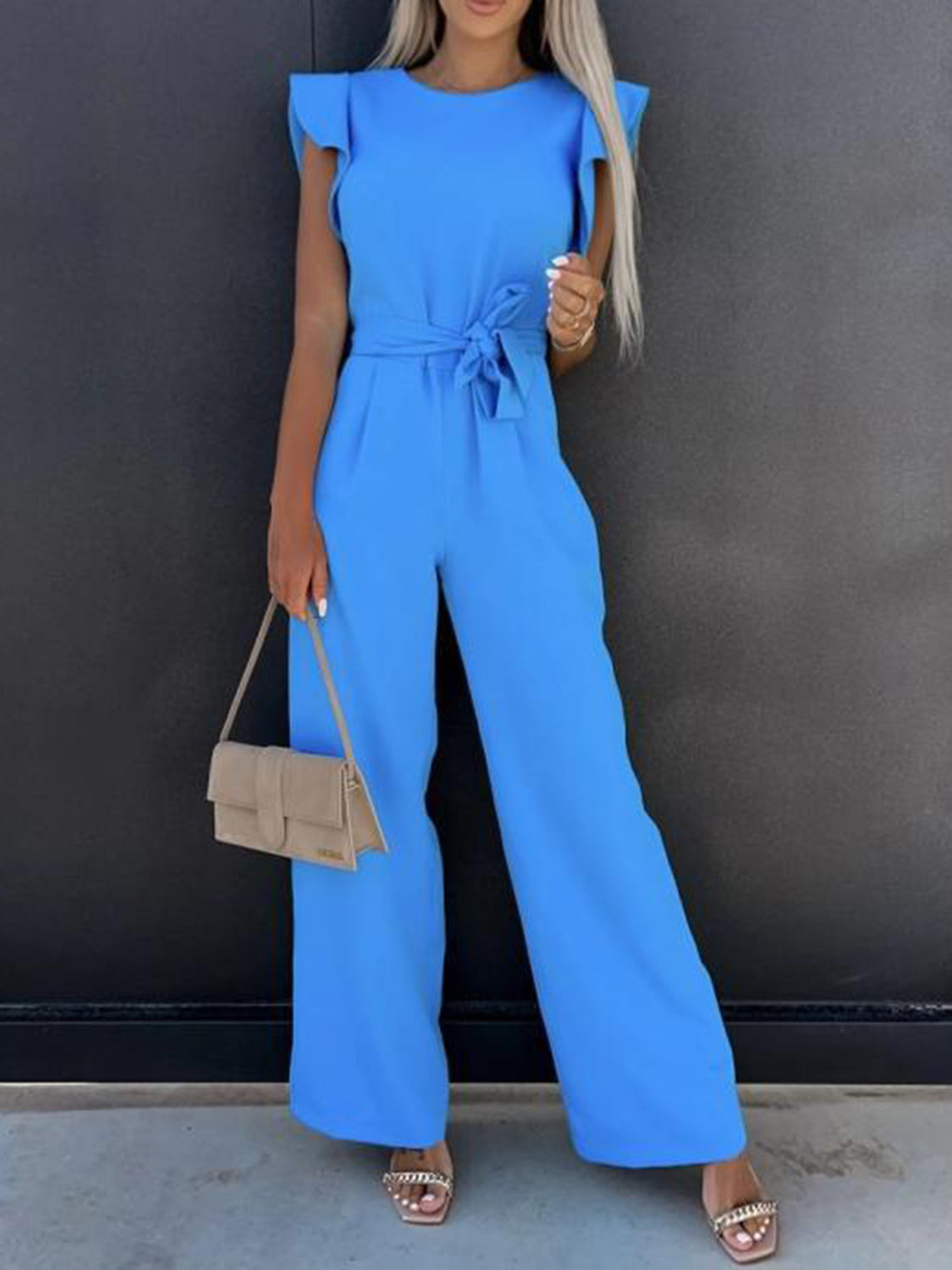 Captivating Muse Ruffled Round Neck Cap Sleeve Jumpsuit with Pockets